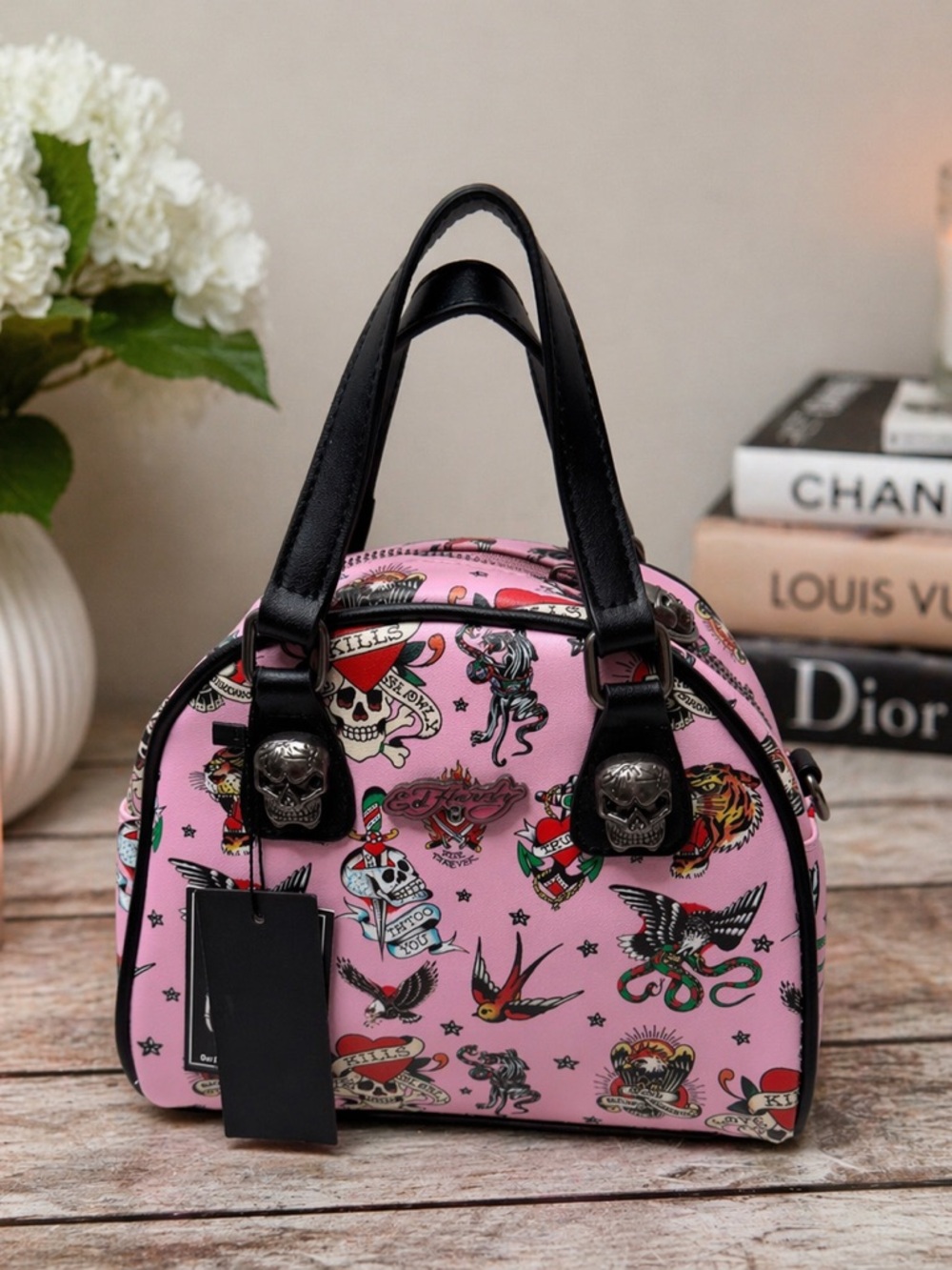 Ed Hardy Pink Tattoo Print Skull Bowler Bag NWT Y2K Style Handbag